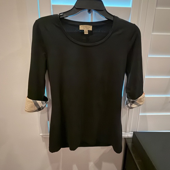 Burberry Scoop Neck Three Quarter Length Sleeve Tee with Checked Cuffs Medium - Picture 4 of 12